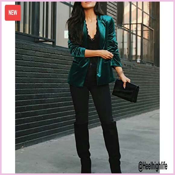 Long Sleeve Velvet Blazer with Pockets, Open Front Cardigan Style - Picture 3 of 6